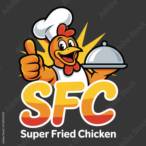 Fried Chicken Mascot Logo Cartoon Chef Chicken with SFC Text for Fast Food Branding