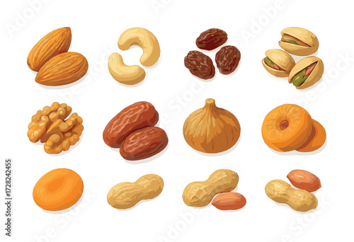 Assorted nuts and dried fruits collection on white background