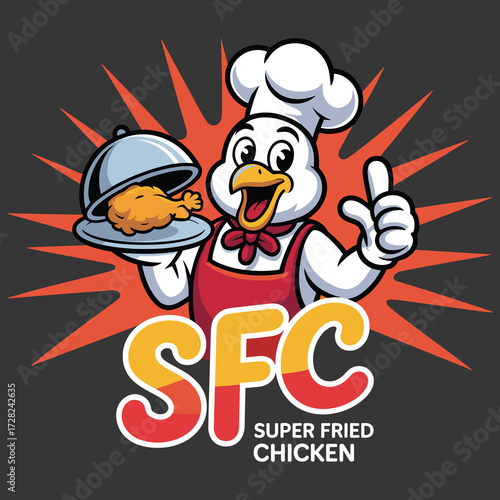 Fried Chicken Mascot Logo Cartoon Chef Chicken with SFC Text for Fast Food Branding