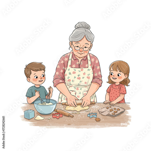 Vector art of grandmother baking cookies with her grandchildren