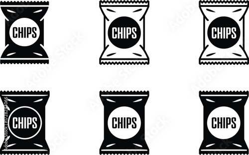 Six Black and White Icons of Chip Bags