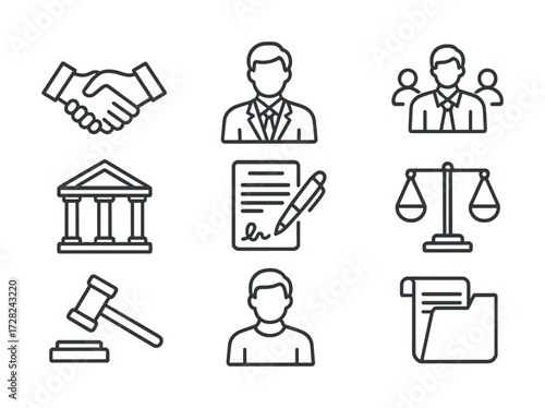 Legal and business icons featuring people, contract, scales, gavel, and documents