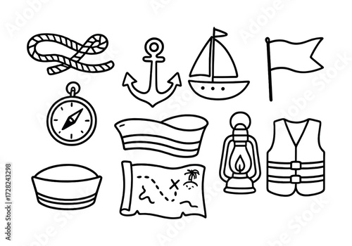 Nautical icons: rope, anchor, sailboat, flag, compass, map, hat, lantern, life vest