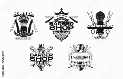 Timeless barbershop collection logos offer a vintage aesthetic ideal for branding. Classic grooming tools evoke a sense of heritage and style. Perfect for businesses.