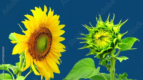 Two sunflowers, one open, one a green bud, against a deep blue background