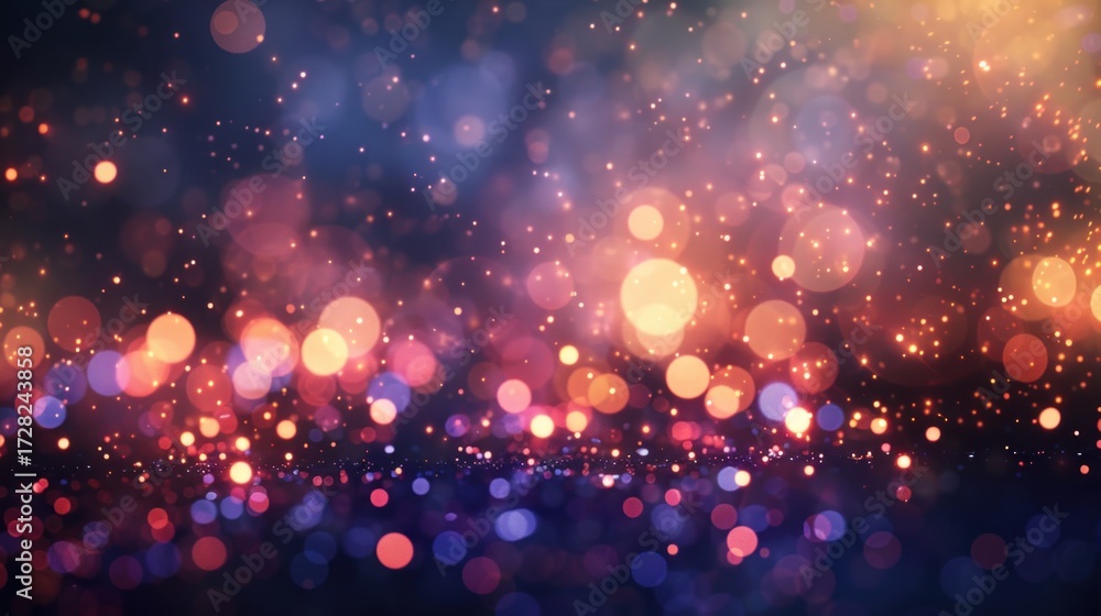 Fototapeta premium New Year 2026 background, dreamy festive atmosphere, blurred colorful bokeh lights, subtle fireworks glow, minimal spacious composition with wide empty copy space, professional commercial design, webs