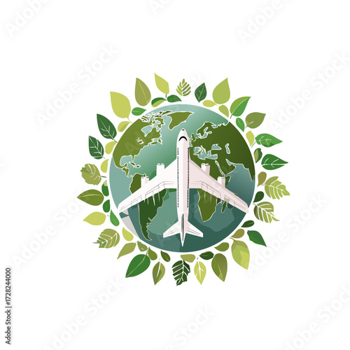 Minimal flat design of an airplane flying above a globe made from a green leaf, symbolizing eco tourism and sustainable transformation.