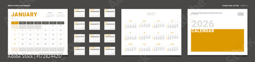2026 Calendar Planner Set of Template Monthly Page, Cover with Place for Photo, Company Logo, Annual 2027. Vector layout of wall or desk calendar with week start Sunday in print. Page Letter 8.5x11in