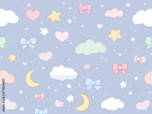 淡いパステルカラーの雲、輝く星、優しい月、愛らしいハート、そして可憐なリボンが織りなす、夢のような可愛らしいシームレスパターン背景は、子供部屋やベビー用品、ファンタジーの世界観を優しく彩るデザイン素材です。