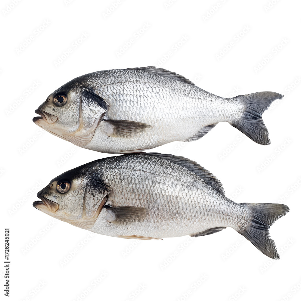 Obraz premium Two fresh sea bass fish on black background isolated on a white background