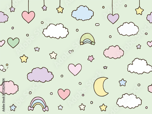 ふわふわの雲、キラキラの星、優しいハート、そして虹が描かれたパステル調の可愛らしいシームレスな背景ベクターイラストレーションは、夢やファンタジーの世界を表現するのにぴったりです。