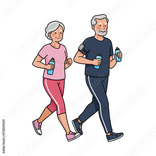 Vector art of elderly couple jogging together with water bottles