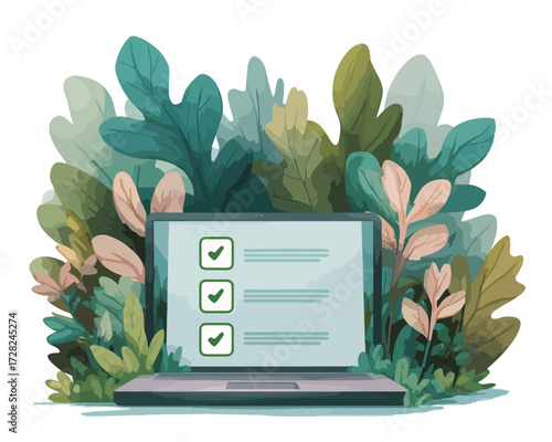 緑豊かな植物に囲まれたノートパソコンのディスプレイにチェックマークが並び、環境と調和したデジタルワークフローの効率的な達成を表現したアートワーク。