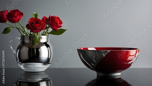 Liquid-silver Kintsugi on radiant ruby surface.