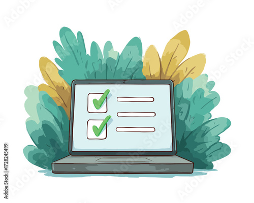 緑豊かな植物に囲まれたノートパソコンの画面に完了したチェックリストが表示され、デジタル作業の達成感と生産性を表現したベクターイラスト。