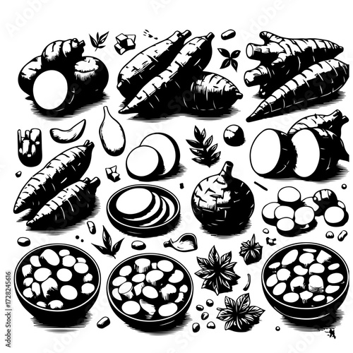 An artistic illustration of various root vegetables and spices in a monochrome drawing style image