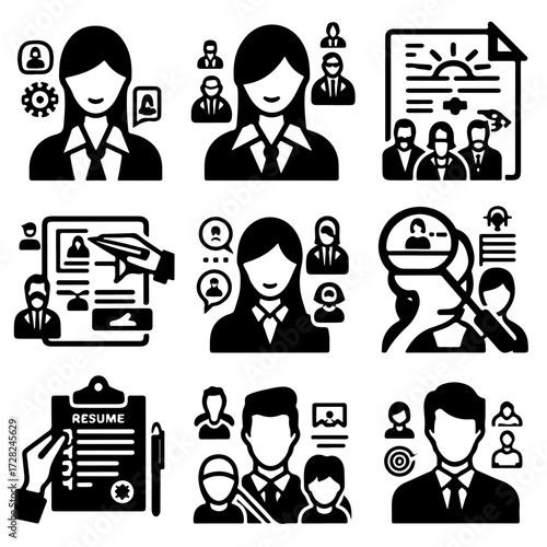 Collection of job search and recruitment icons featuring resumes interviews and candidate selection process steps