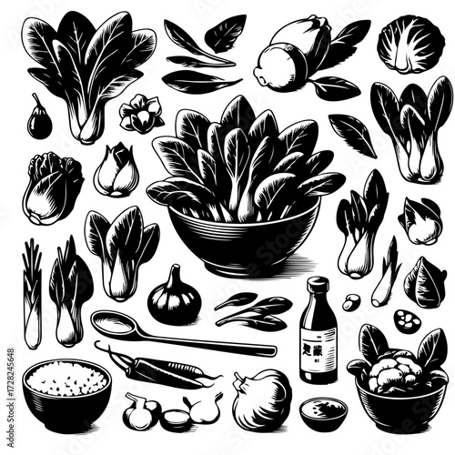 Illustration of various asian cooking ingredients including bok choy and other vegetables and sauces