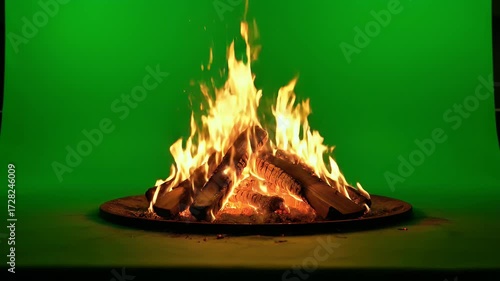 Wallpaper Mural Vibrant campfire with burning logs and bright flames against a chroma key green screen background, ready for compositing Torontodigital.ca