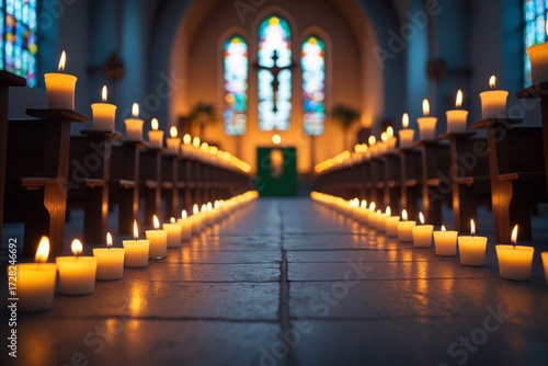 Votive Candle Rows in Stained-Glass Glow