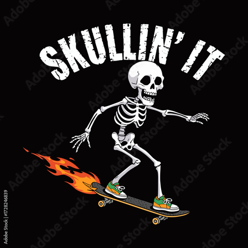"Skullin' It" Skeleton Skater with Flaming Skateboard