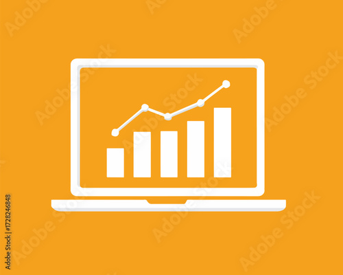 デジタル時代におけるビジネスの成長戦略と市場分析を視覚的に捉えた、上昇傾向を示す棒グラフと折れ線グラフがノートパソコンの画面に鮮やかに描かれた、洗練されたベクターイラストレーションです。