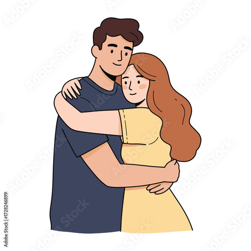 A loving young couple, a man and a woman, share a warm and affectionate hug, depicted in a simple flat vector illustration.