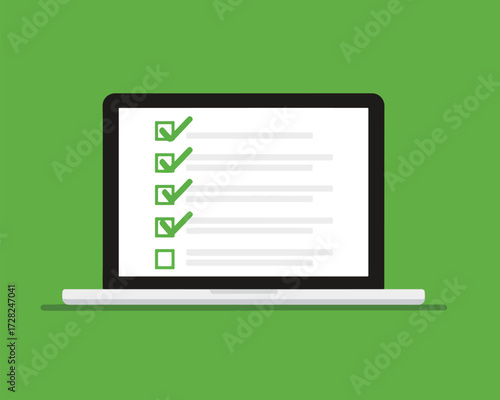 ラップトップ画面のチェックリスト、タスク完了や進捗管理を視覚的に表現したベクターイラスト