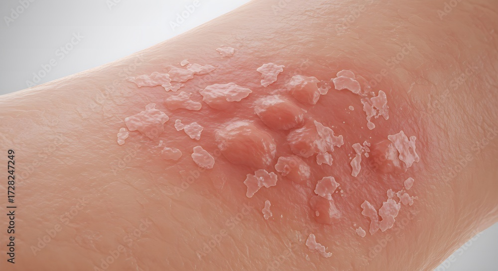 Fototapeta premium Skin rash with blisters, shingles, herpes, or eczema on human skin, medical condition.