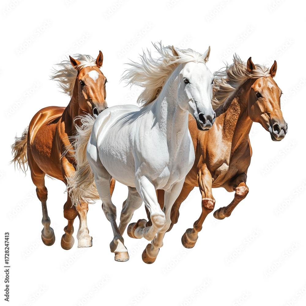 Obraz premium Three majestic horses running powerfully on black background brown white chestnut manes flowing isolated on a white background