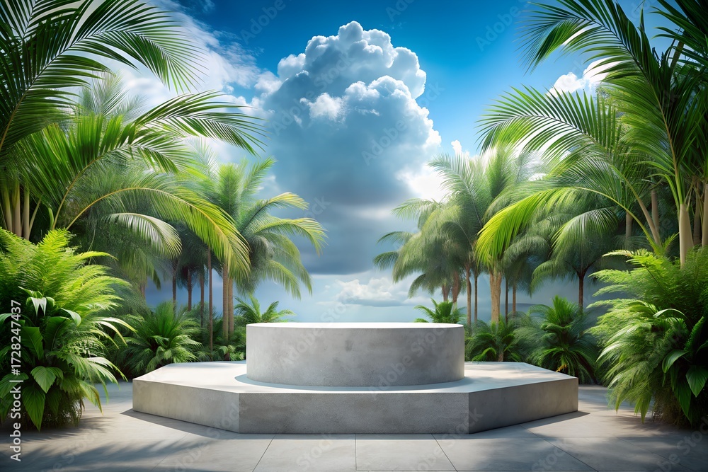 Fototapeta premium Concrete podium surrounded by palm trees in a tropical garden setting