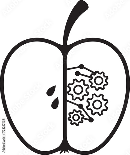 Innovative concept merging natural fruit with intricate mechanical gears, symbolizing the fusion of organic processes and advanced technology for groundbreaking advancements and creative solutions