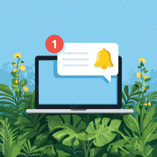 緑豊かな自然の中でノートパソコンに新着通知が表示される様子を描いたベクターイラストは、現代のデジタルライフと心安らぐ環境の調和、あるいはその対比を象徴的に表現しています。