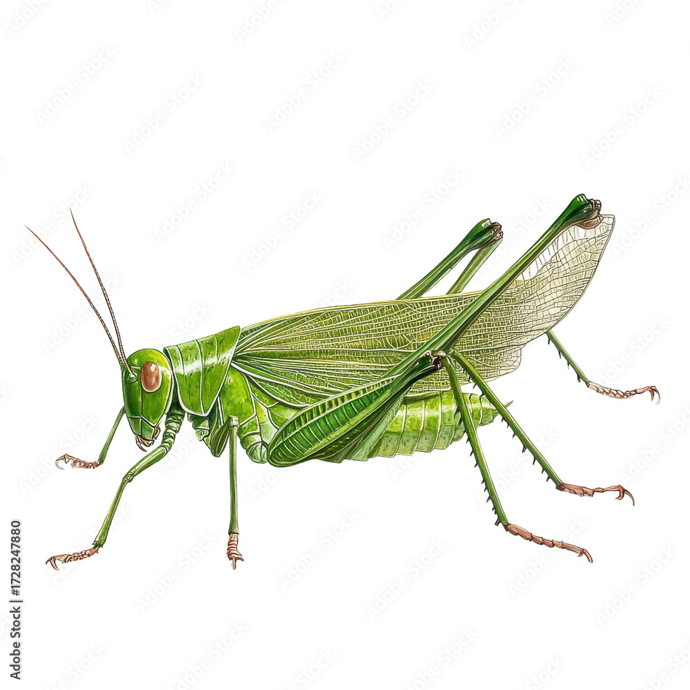 Fototapeta premium Detailed Green Grasshopper Illustration Black Background isolated on a white background