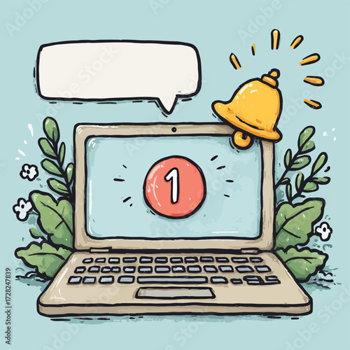 手描き風のノートパソコン画面に新しい通知がポップアップし、重要な情報やメッセージの到着を知らせるデジタルアラートの瞬間を描写しています。