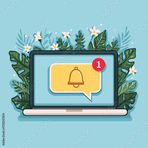 熱帯植物と白い花に囲まれたノートパソコンのディスプレイに、新しいお知らせを告げるベルアイコンが鮮やかに表示され、現代のデジタルライフと自然の調和を表現したベクターイラスト。