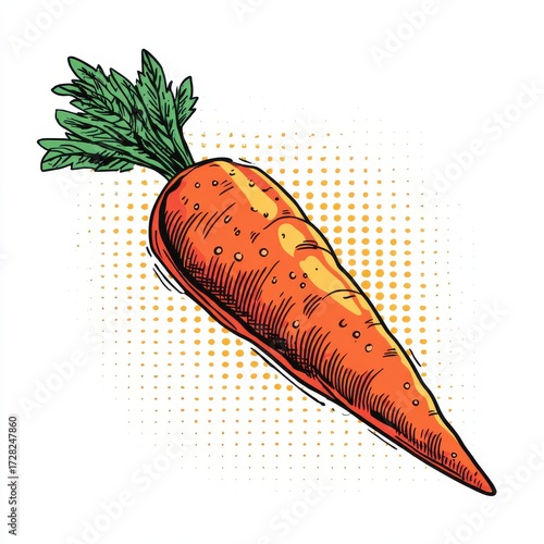 Vibrant Orange Carrot Illustration with Green Top Against Dotted Background