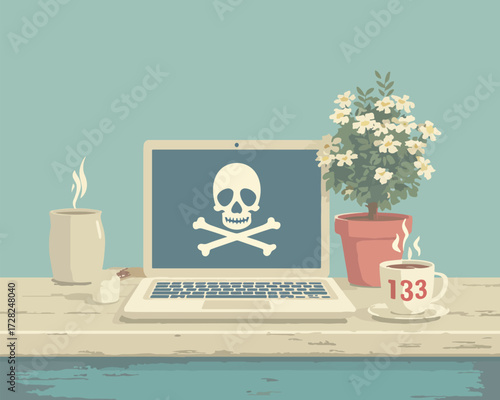 穏やかな在宅勤務のデスク風景に不穏なドクロマークが映し出されたノートパソコンが置かれ、現代社会におけるサイバーセキュリティの脅威とデジタル環境の脆弱性を象徴するベクターイラストレーション。