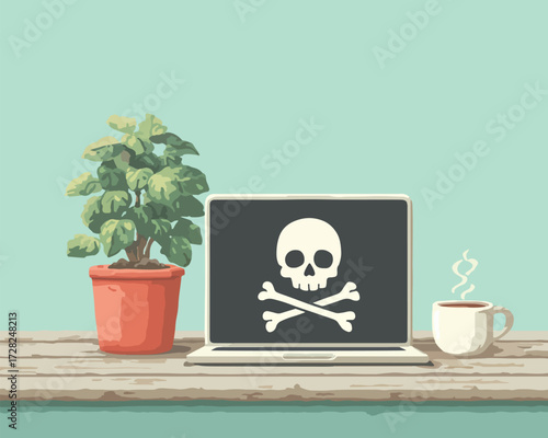 平穏なデスク風景に突如現れるサイバー脅威、ドクロマークのノートパソコンがデジタル時代のセキュリティリスクを象徴的に示すベクターイラスト。