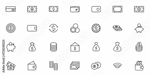 Finance icons set with wallet, credit card, piggy bank, and money symbols for modern digital design.