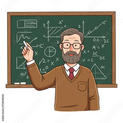 Friendly cartoon professor with glasses and a beard teaching a math lesson at a chalkboard filled with formulas and graphs.