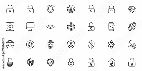 Flat security icons set with lock, key, fingerprint, and shield symbols for apps, websites, and digital protection designs.