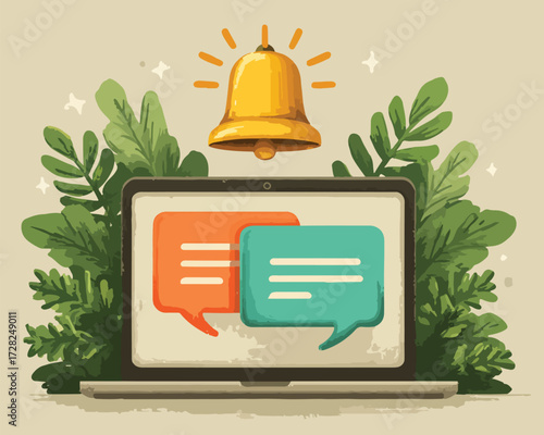 緑の葉が優しく囲むノートパソコンの画面に、メッセージの吹き出しと輝く通知ベルが浮かび上がり、現代のデジタル対話と自然の調和を表現したベクターイラストレーション。