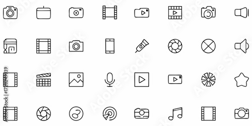 Vector multimedia icon pack featuring camera, photo, gallery, video, and related media tools in a clean flat design.