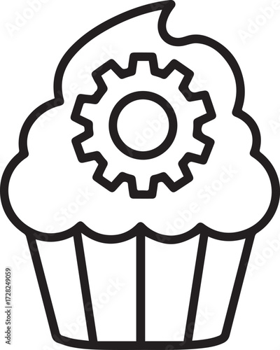 Creative culinary innovation sparks delightful baking concepts with charming cupcake and gear icon symbolizing sweet mechanical artistry and inventive food production