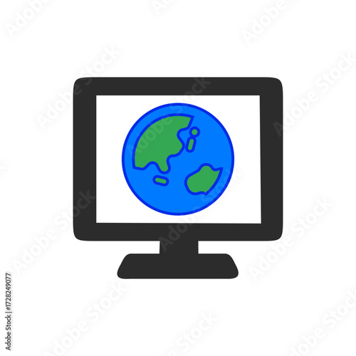 A colorful globe icon placed in the center of a PC monitor.