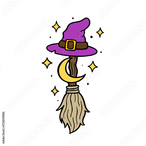Vector illustration of a Halloween witch broom decorated with a purple wizard hat, golden crescent moon, and shining stars.
