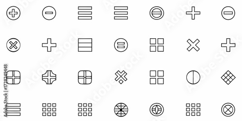 Vector set of basic math symbols including plus, minus, multiply, divide, equal, and other calculation signs in clean flat style.