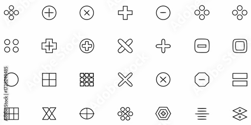 Vector set of basic math symbols including plus, minus, multiply, divide, equal, and other calculation signs in clean flat style.
