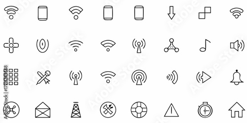 Vector set of communication signal icons featuring WiFi, Bluetooth, network bars, hotspot, and other connectivity symbols in flat modern style.